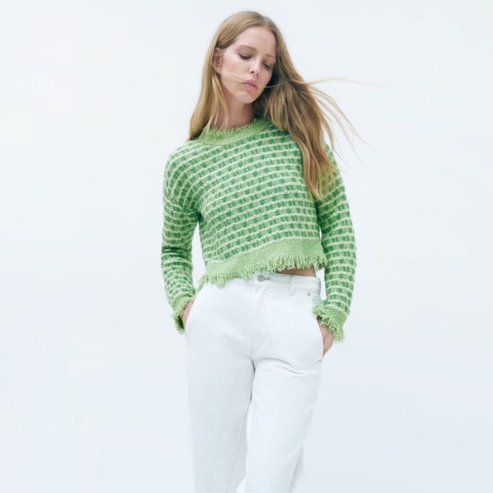 ZARA Knit Green Fringe Sweater